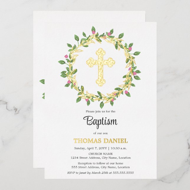 Invitation En Aluminium Elégante Croix d'or Baptême de fleurs de couronne (Recto/Verso)
