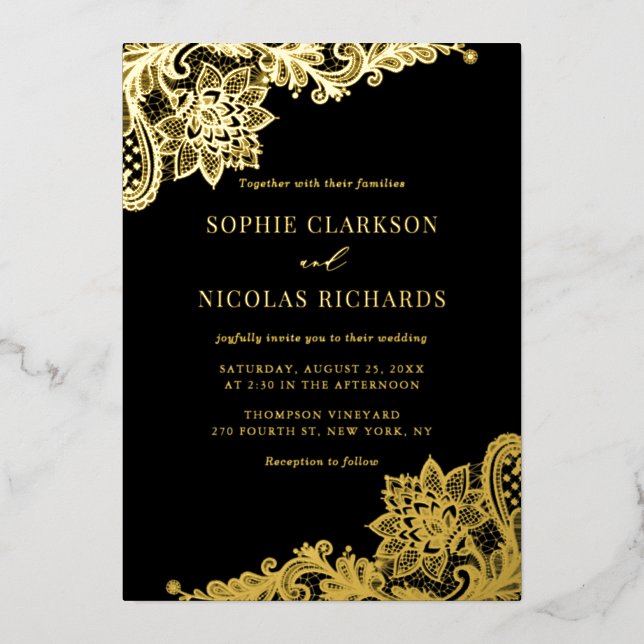 Invitation En Aluminium Elégante dentelle Antique Black Mariage Gold (Recto)