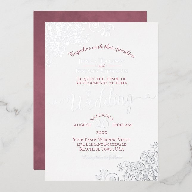 Invitation En Aluminium Elégante dentelle d'argent et Rose Dusty sur Maria (Recto/Verso)