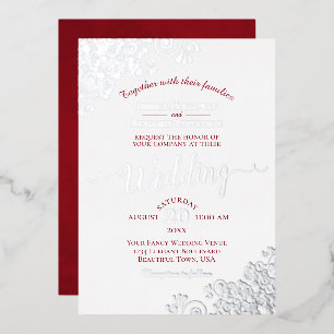 Invitation En Aluminium Elégante dentelle d'argent et rouge Crimson sur Ma