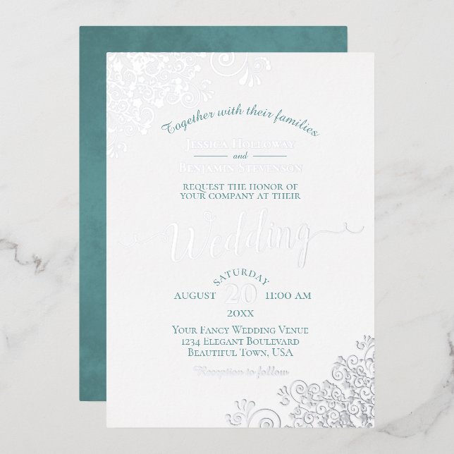 Invitation En Aluminium Elégante dentelle d'argent et Turquoise sur Mariag (Recto/Verso)