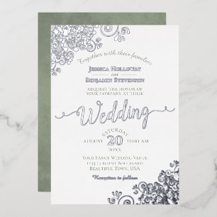 Invitation En Aluminium Elégante dentelle d'argent & Sage vert sur Mariage