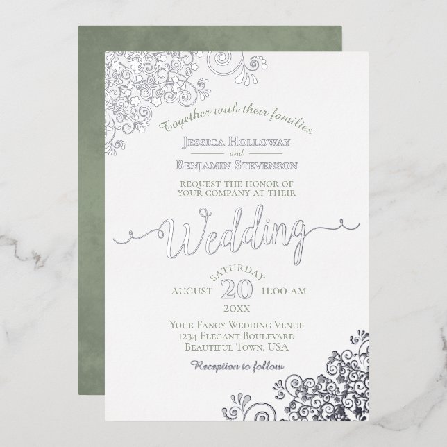 Invitation En Aluminium Elégante dentelle d'argent & Sage vert sur Mariage (Recto/Verso)