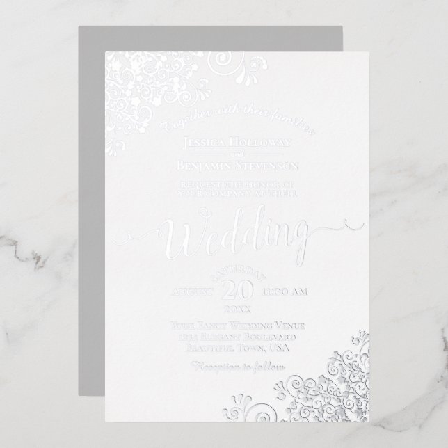Invitation En Aluminium Elégante dentelle d'argent sur Mariage blanc class (Recto/Verso)