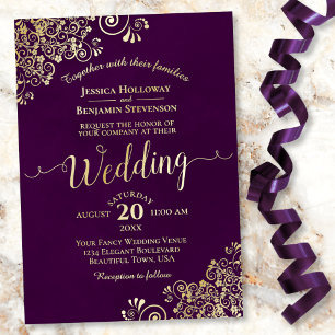 Invitation En Aluminium Elégante dentelle d'or sur Plum violet Mariage fri