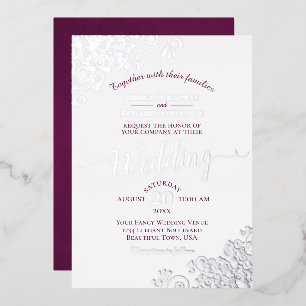Invitation En Aluminium Elégante dentelle et magenta en argent sur Mariage
