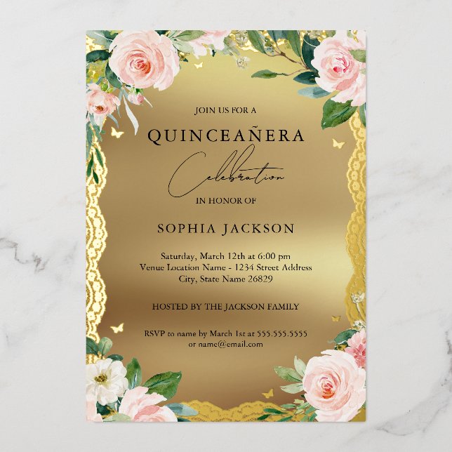 Invitation En Aluminium Elégante dentelle or rose floral photo Quinceanera (Recto)