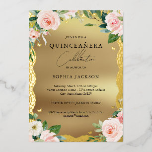 Invitation En Aluminium Elégante dentelle or rose Floral Quinceanera