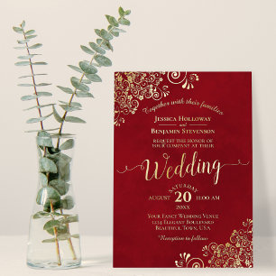 Invitation En Aluminium Elégante dentelle or sur Crimson Red Frilly Mariag
