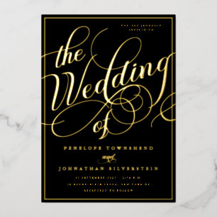 Invitation En Aluminium Élégante Écriture Flourish Noir Mariage