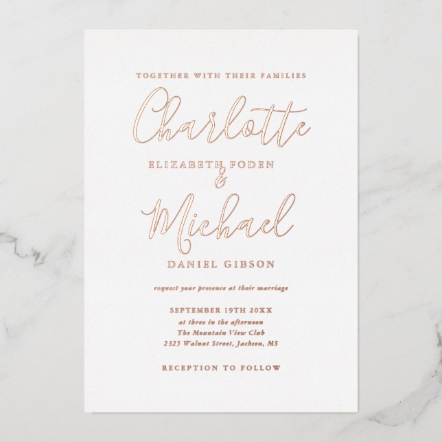Invitation En Aluminium Élégante Écriture Signature Mariage Or Rose (Recto)