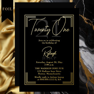 Invitation En Aluminium Élégante Fête Art Déco 21e Anniversaire Or Noir