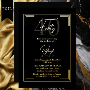 Invitation En Aluminium Élégante Fête Art Déco pour 40 ans en Noir et Or