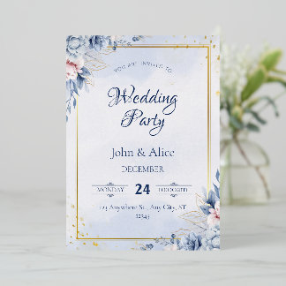 Invitation En Aluminium Élégante Fête de Mariage Florale Bleue