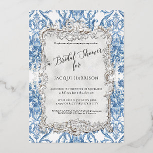 Invitation En Aluminium Élégante Fête de Mariage Florale Vintage Bleu Arge