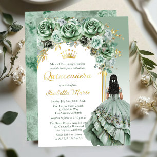 Invitation En Aluminium Élégante Fête de Quinceañera Fleur Rose Vert Sauge