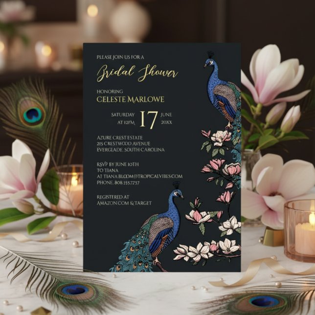 Invitation En Aluminium Elégante Fête des mariées de paon à fleurs noires (Elegant Black, Gold Foil Floral Peacock Bridal Shower Invitations for Her. Classy Bird Teal Feathers)