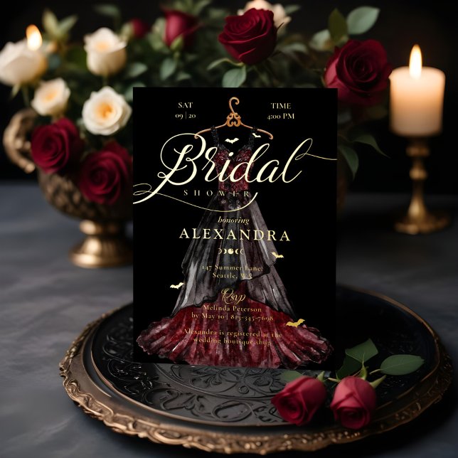 Invitation En Aluminium Élégante Fête des mariées de robe Mariage gothique (Elegant Gothic Black Wedding Dress Bridal Shower Foil Invitation)