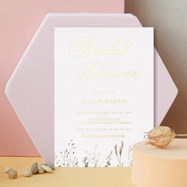Invitation En Aluminium Elégante Fête des mariées Gold Foil avec Fleurs sa (Personalized Elegant Gold Foil Bridal Shower with Wildflowers Foil Invitation)