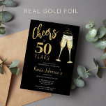 Invitation En Aluminium Élégante fête du 50e anniversaire de 50 ans<br><div class="desc">Un script d'écriture manuscrite moderne et luxueux en feuille d'or célèbre l'invitation de la fête d'anniversaire de 50 ans en noir avec des lunettes de champagne. Veuillez noter que vous pouvez changer la couleur or du papier à papier en or ou argent rose.</div>