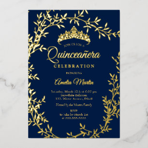Invitation En Aluminium Elégante feuille d'or de la Marine Quinceanera