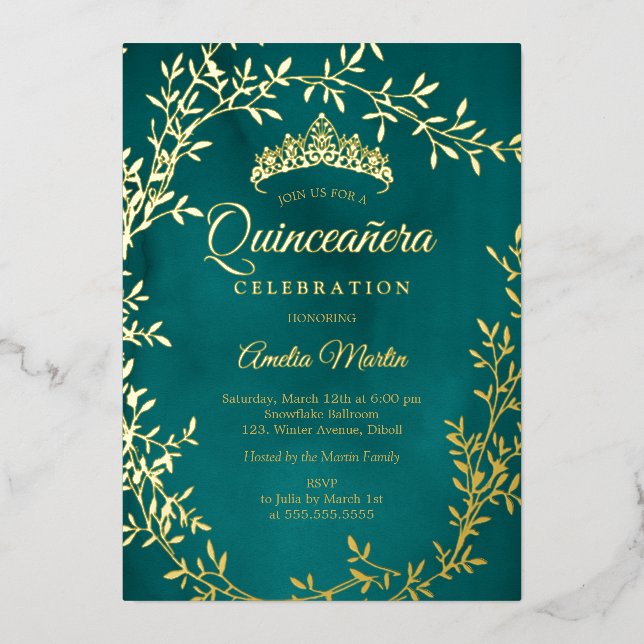 Invitation En Aluminium Elégante feuille d'or Turquoise couronne Quinceane (Recto)