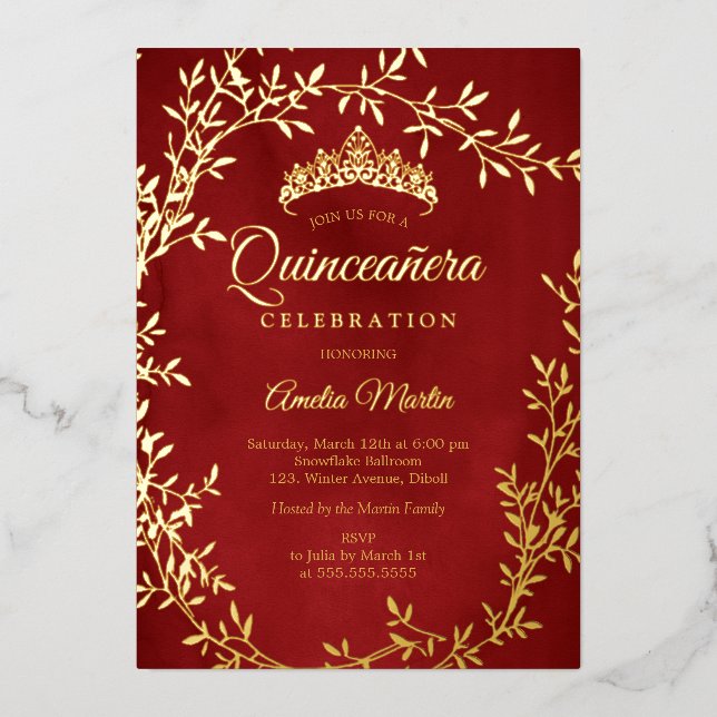 Invitation En Aluminium Elégante feuille rouge or courge Quinceanera (Recto)