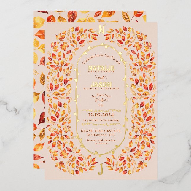 Invitation En Aluminium Elégante Feuilles de Chute Beige Rustique Boho Mar (Recto/Verso)