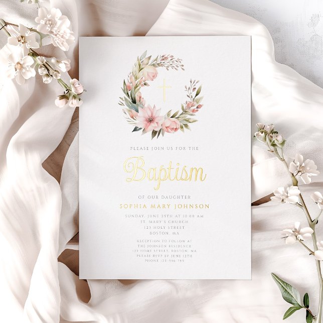Invitation En Aluminium Élégante Fille de couronne rose Baptême Or (Elegant Pink Wreath Girl Baptism Gold Foil Invitation)