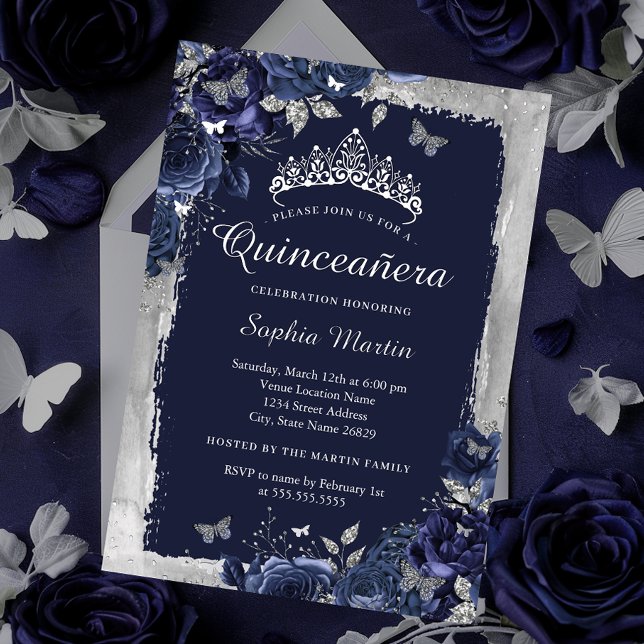 Invitation En Aluminium Elégante fleur de la Marine Argent Quinceanera (Créateur téléchargé)