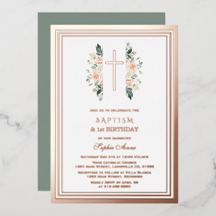 Invitation En Aluminium Élégante Fleurs Roses Fille 1er Anniversaire Baptê