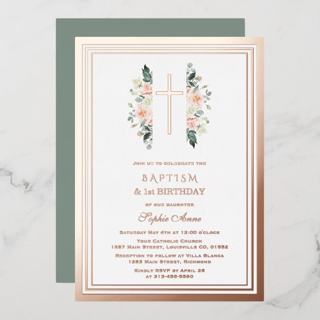 Invitation En Aluminium Élégante Fleurs Roses Fille 1er Anniversaire Baptê (Recto/Verso)
