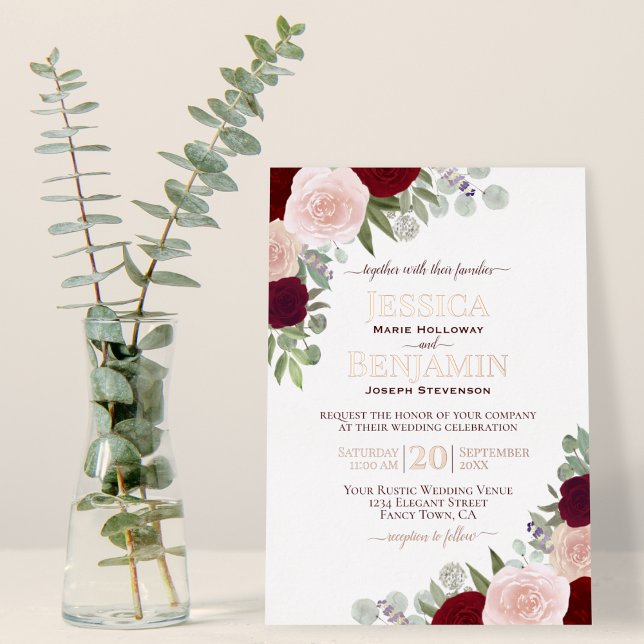 Invitation En Aluminium Élégante Flore rouge et rose avec Mariage or Rose (Real Foil Text Highlights!)