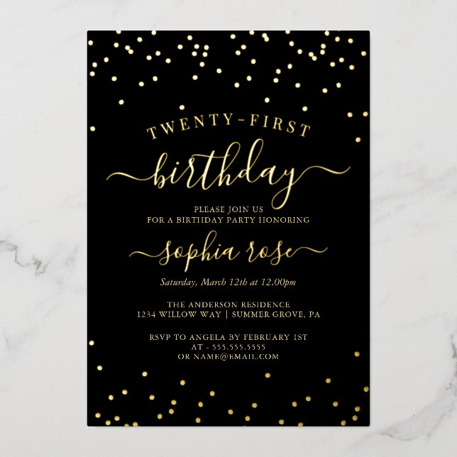 Invitation En Aluminium Elégante Gold Black Foil Calligraphie 21e annivers (Recto)
