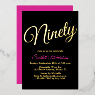 Invitation En Aluminium Elégante Gold Foil Rose Black 90e fête d'anniversa
