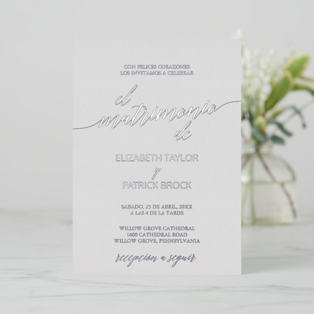 Invitation En Aluminium Élégante huile d'argent | Mariage espagnol gris (Debout devant)