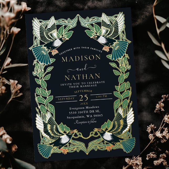 Invitation En Aluminium Élégante Mariage Art nouveau Magpie (Créateur téléchargé)