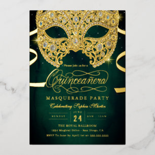 Invitation En Aluminium Elégante mascarade en or émeraude Quinceanera