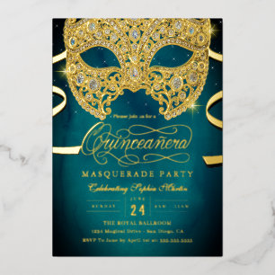 Invitation En Aluminium Elégante Mascarade en or Turquoise Quinceanera