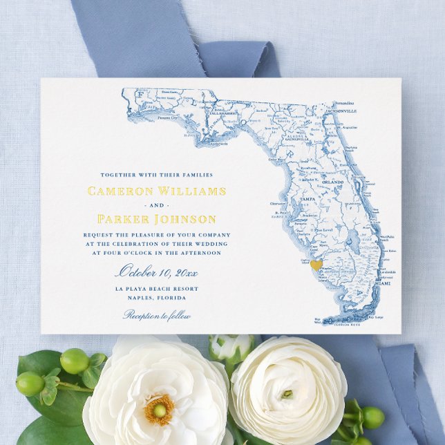Invitation En Aluminium Elégante Naples Florida Mariage Navy et or (Elegant Gold Foil Florida Wedding invitation with heart over Naples from Coastal Map Designs)