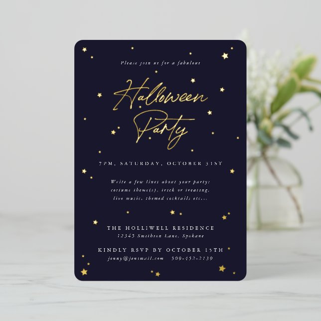 Invitation En Aluminium Elégante Navy+Gold Scattered Stars Halloween Party (Debout devant)