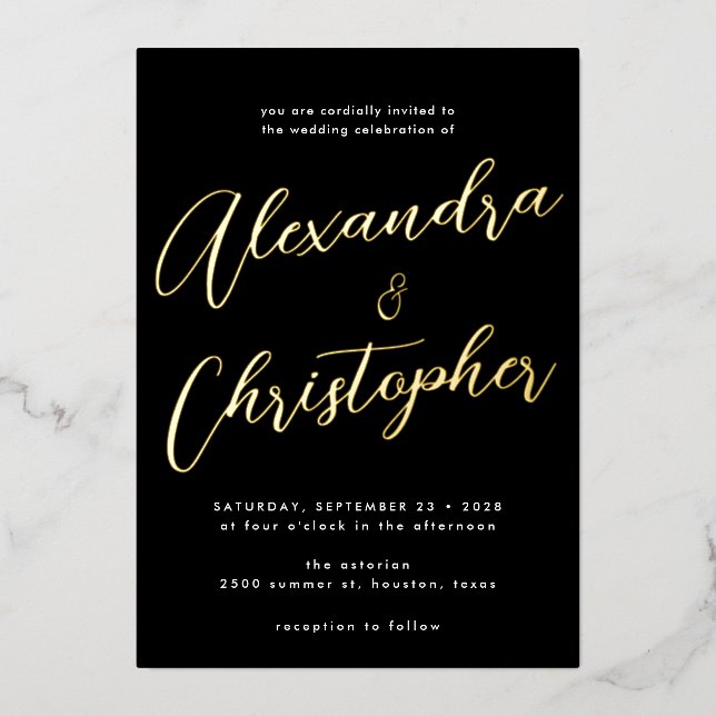 Invitation En Aluminium Élégante Noir Flourish Calligraphie Mariage Or (Recto)
