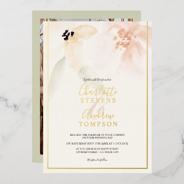 Invitation En Aluminium Elégante or douce floral aquarelle mariage photo (Recto/Verso)