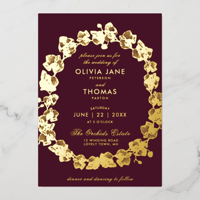 Invitation En Aluminium Elégante orchidée boho Floral Wreath Bourgogne Mar (Recto)