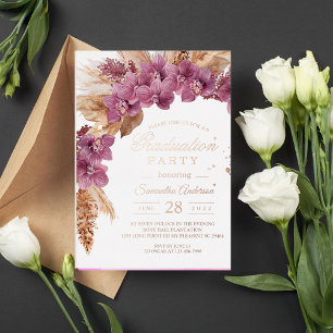 Invitation En Aluminium Elégante Orchidée Rose & Pampas Avec Huile D'Or Ro
