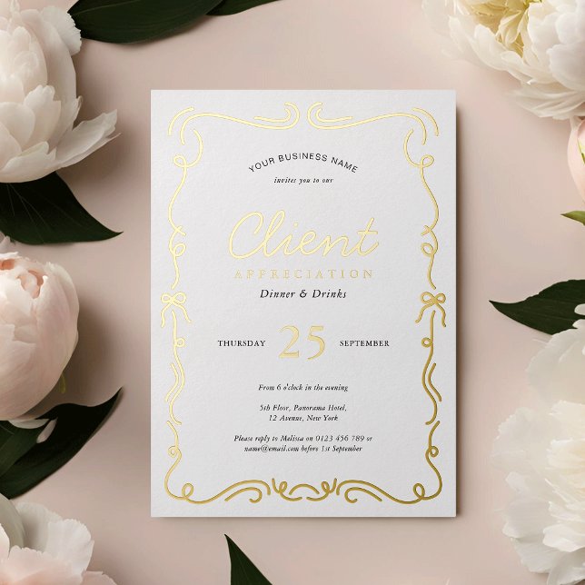 Invitation En Aluminium Élégante partie du personnel Client Appréciation É (Elegant appreciation event invitations in white and real gold foil (can also be silver or rose gold))