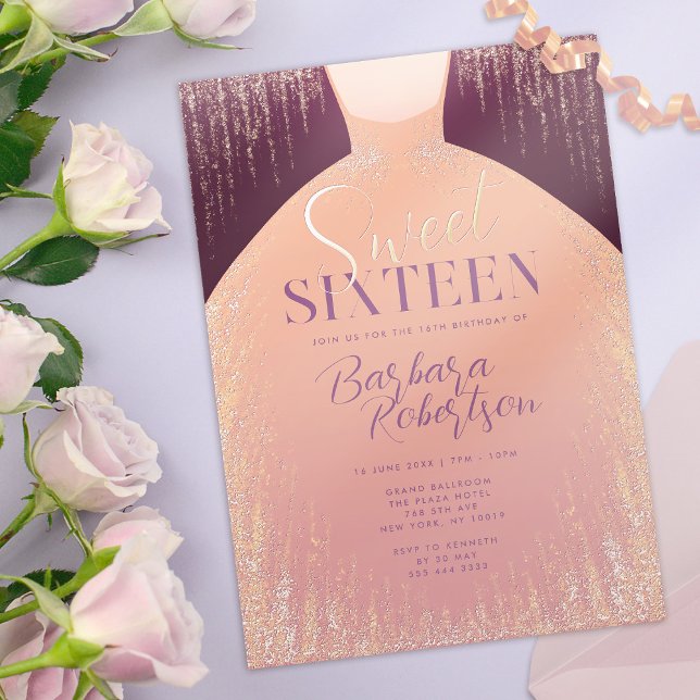 Invitation En Aluminium Élégante Parties scintillant Rose or robe Sweet si (Elegant Rose Gold Glitter Dress Sweet Sixteen Foil Invitation)