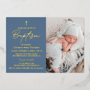 Invitation En Aluminium Élégante photo de baptême de bébé en bleu poussiér