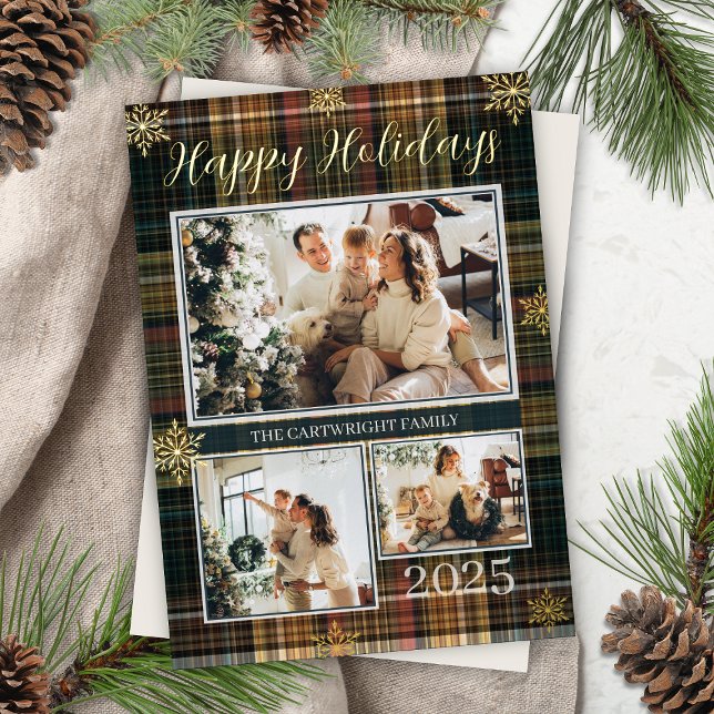 Invitation En Aluminium Élégante photo de famille en vichy formel Joyeuses (Modern tartan plaid formal foil happy holidays 3 photo christmas card for elegant family stationery)