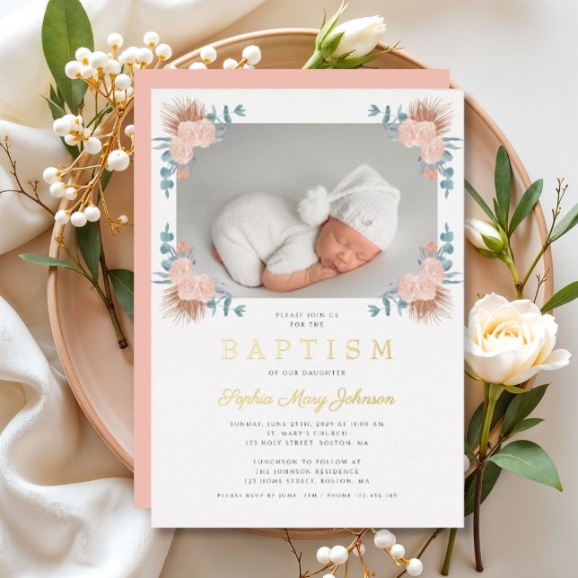 Invitation En Aluminium Élégante Photo Fille Fleurie Rose Baptême Or (Elegant Pink Floral Girl Photo Baptism Gold Foil Invitation)
